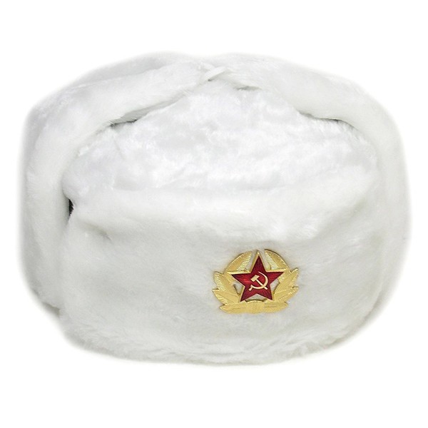 Зимняя белая армейская шапка-ушанка с кокардой СССР, 56 размер