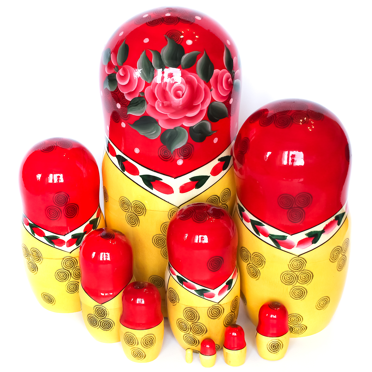Red Wooden Matryoshka Doll (10 pcs), Hand-painted, 10.5 inches, 1.6 pounds