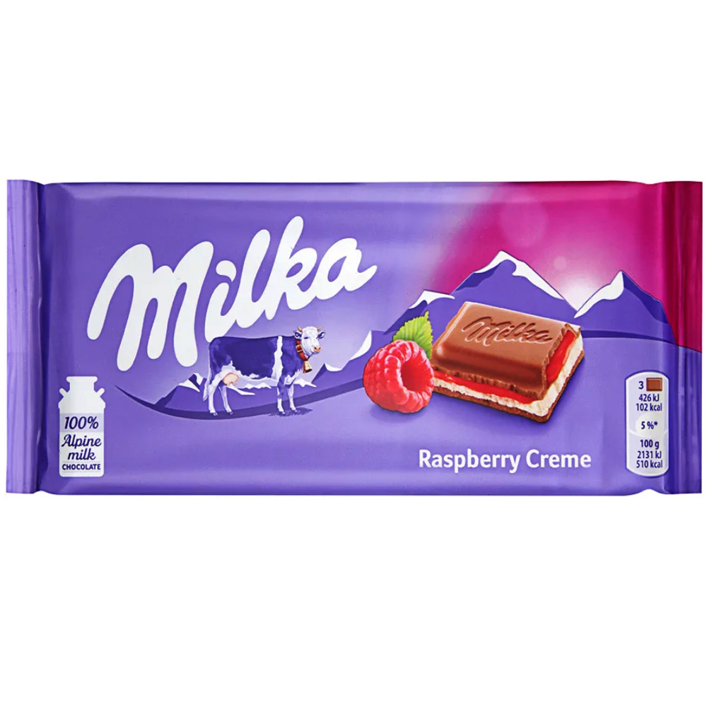 Альпийский Молочный Шоколад с Малиновым Кремом, Milka, 100 г/ 3,53 унции