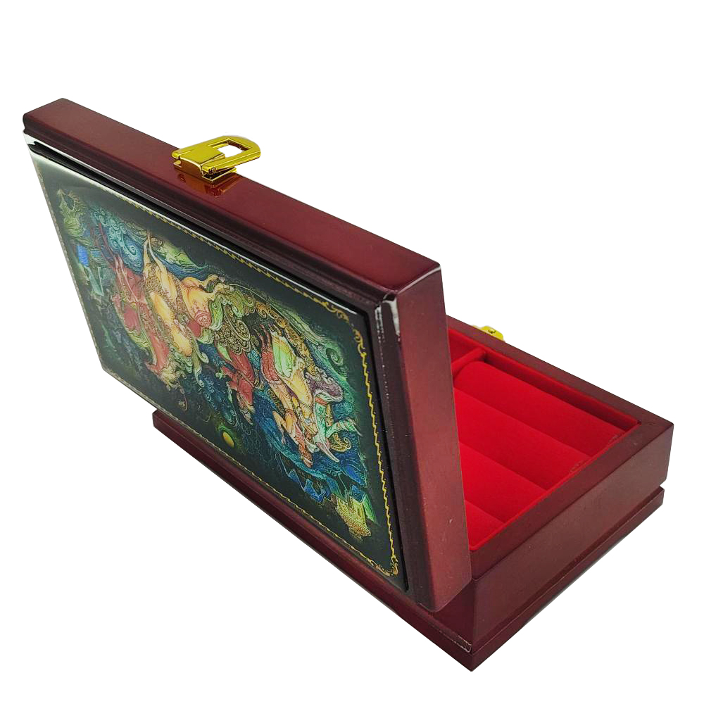 Wooden Jwellery Box with Mirror Russian Lacquer Miniature "Troika", 7.5х4.5х2.5 inches
