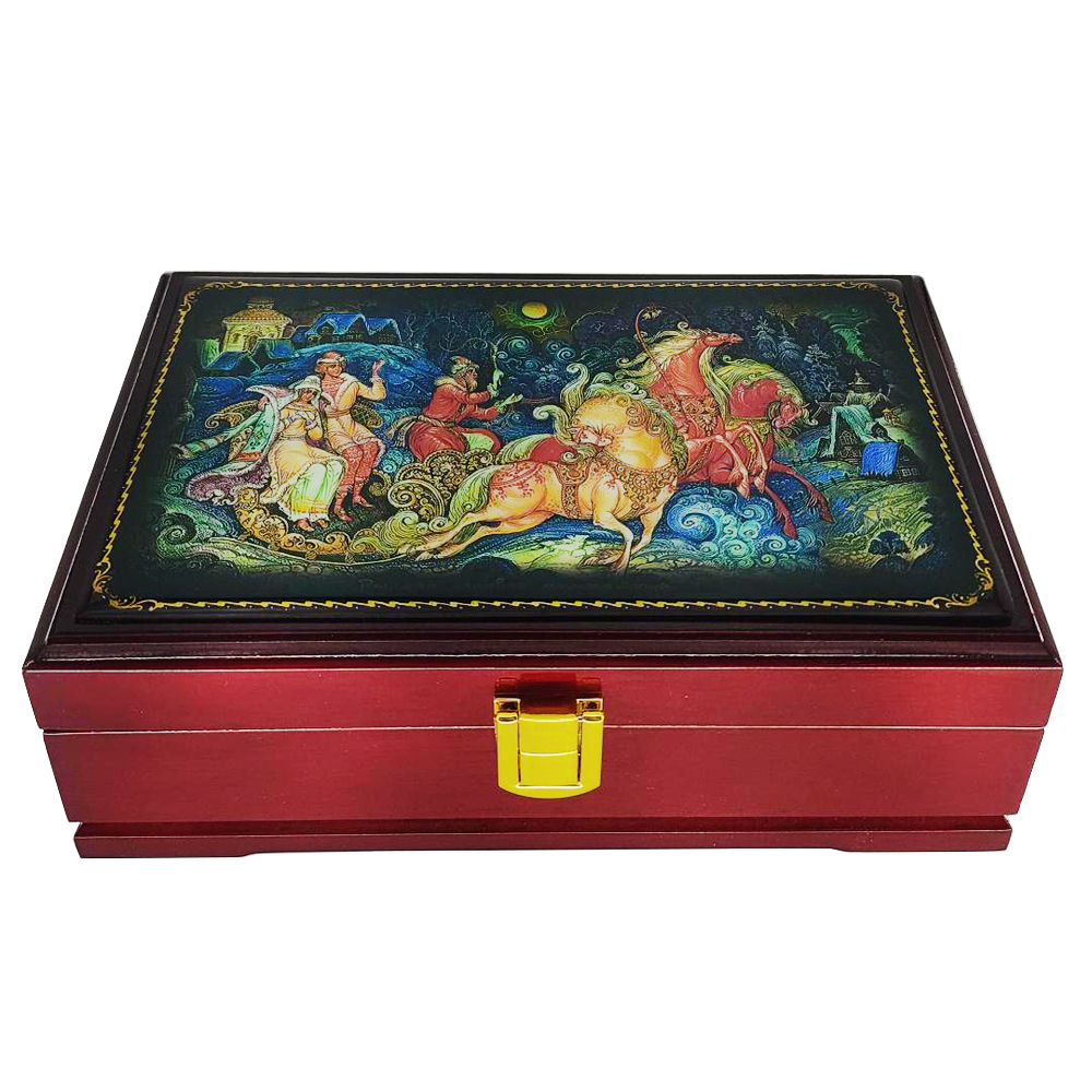 Wooden Jwellery Box with Mirror Russian Lacquer Miniature "Troika", 7.5х4.5х2.5 inches