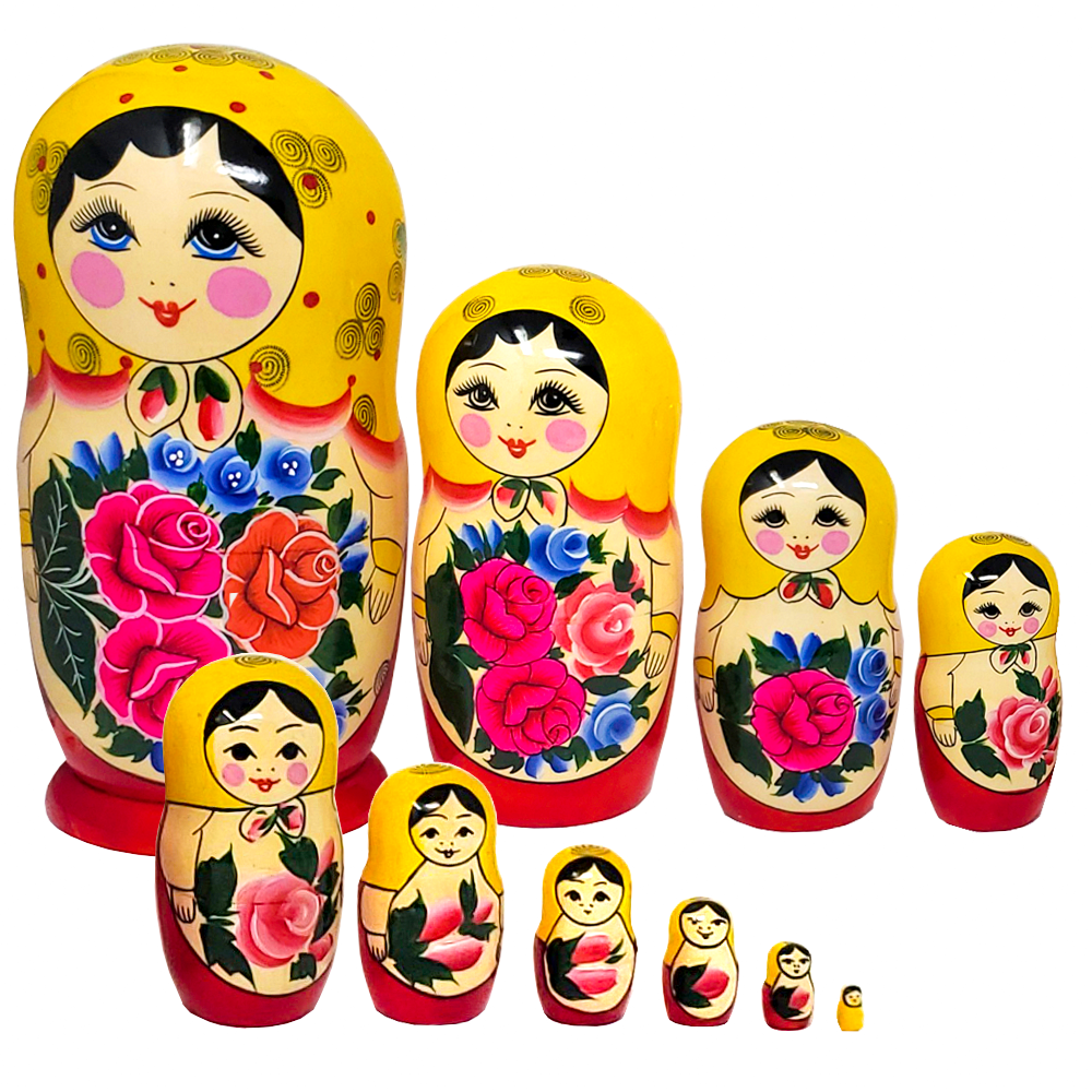 Red Wooden Matryoshka Doll (10 pcs), Hand-painted, 10.5 inches, 1.6 pounds