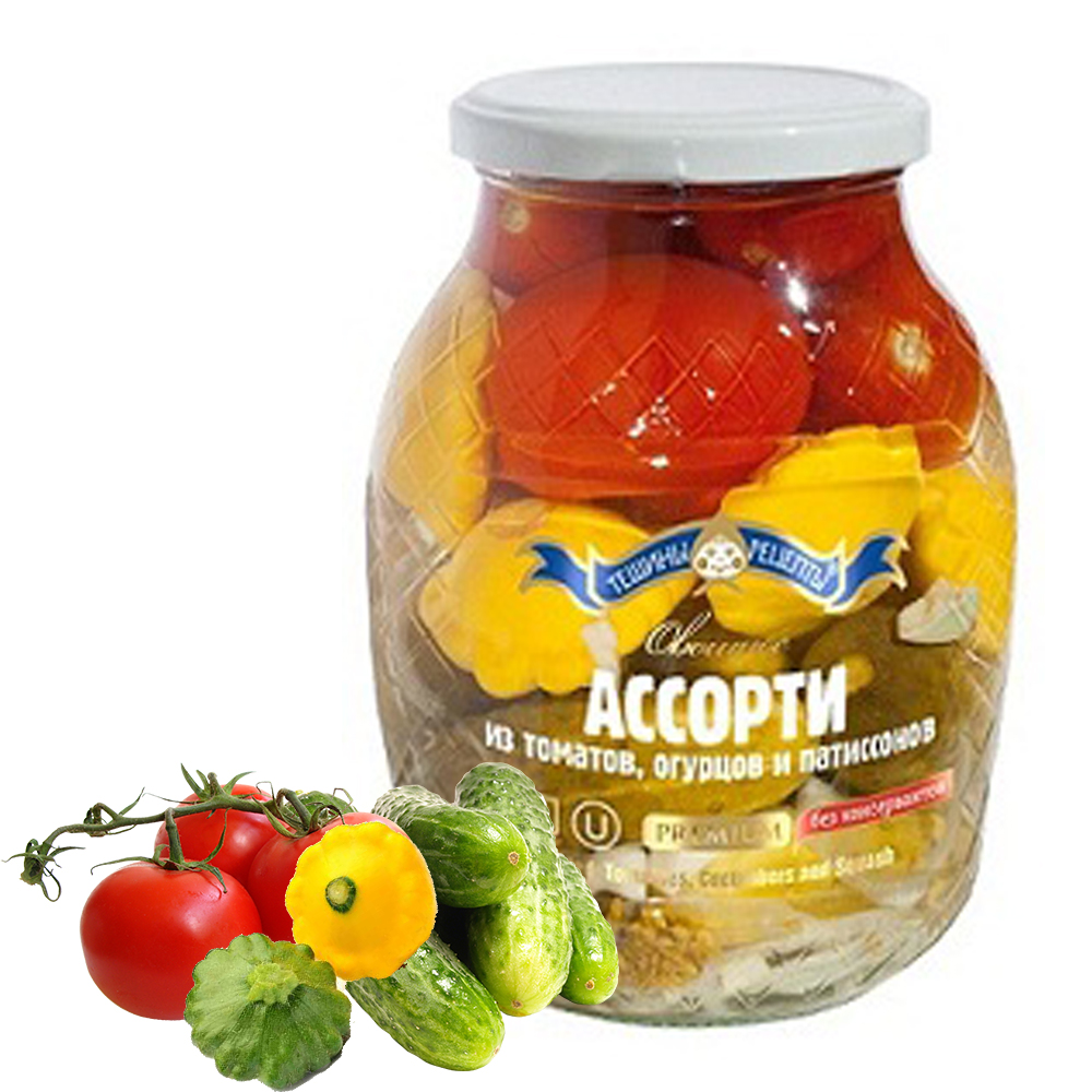 Ассорти из маринованных томатов, огурцов и патиссонов, 900 г