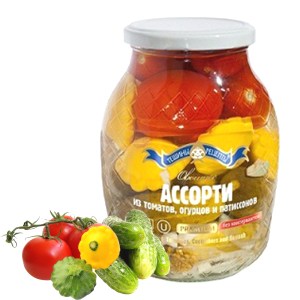 Ассорти из маринованных томатов, огурцов и патиссонов, 900 г