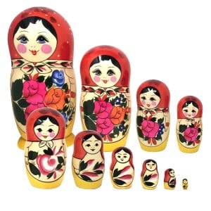 Red Wooden Matryoshka Doll (10 pcs), Hand-painted, 10.5 inches, 1.6 pounds